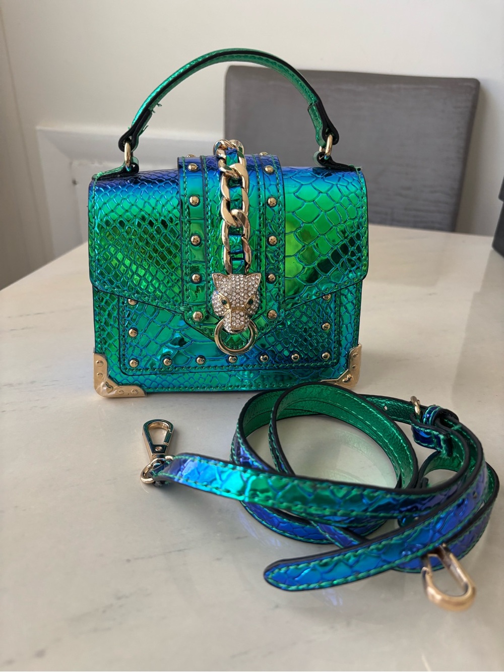 Green Iridescent Snake-Embossed Top Handle Bag with Chain Accent